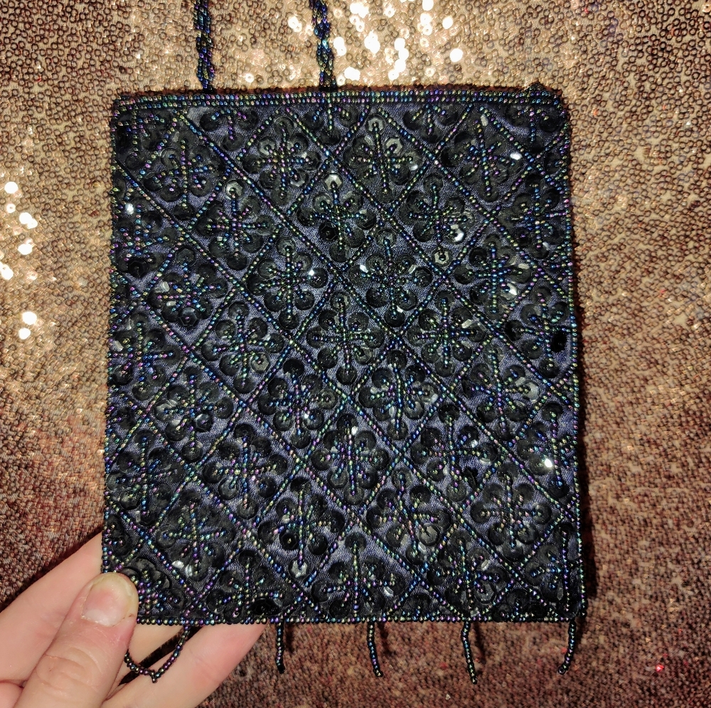 Small black irradescent beaded crossbody bag